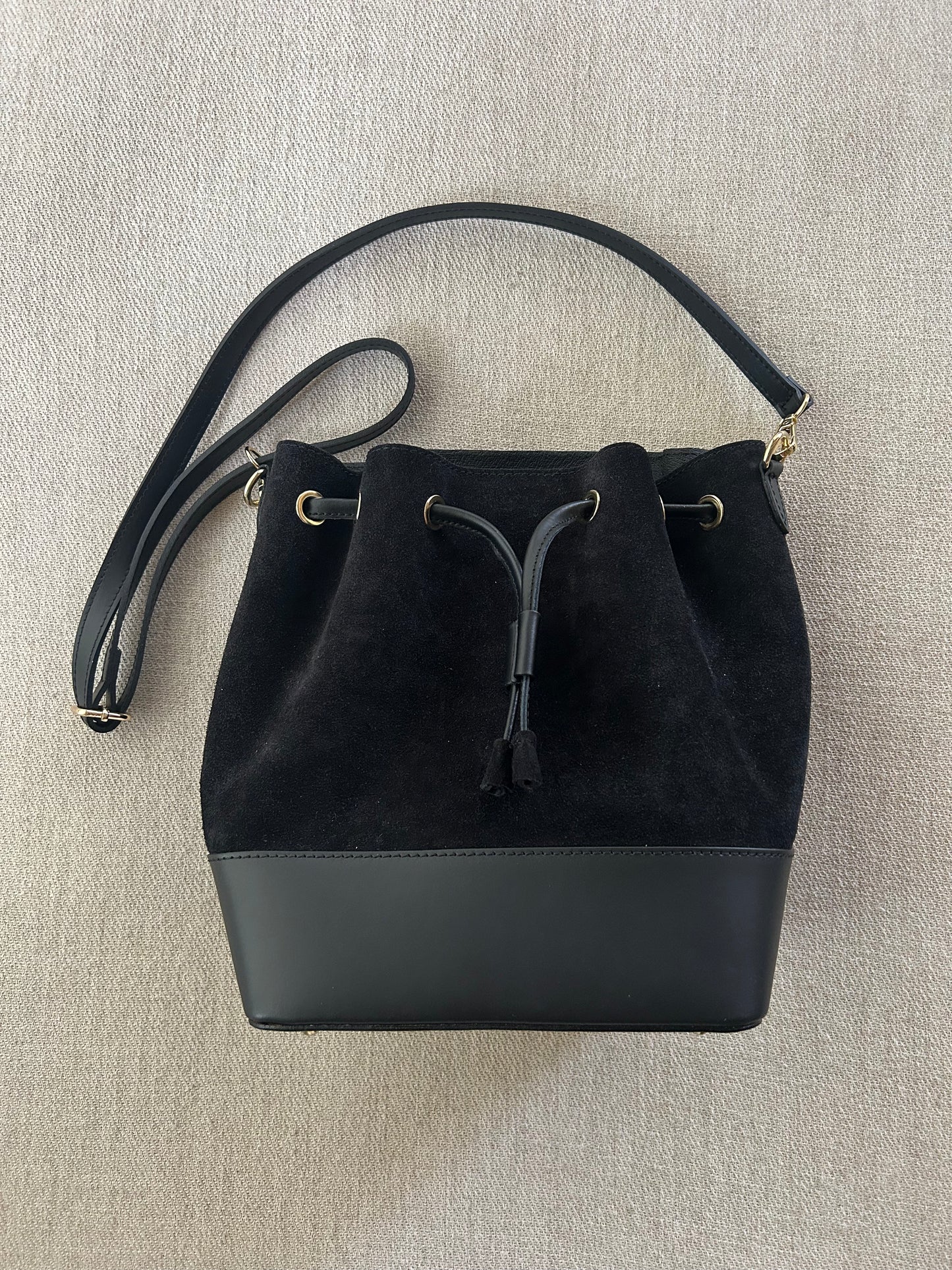 Black Suede & Leather Bucket Bag